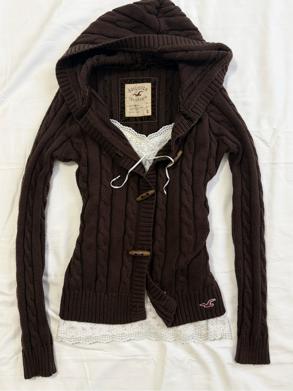 Hollister Women's Dark Brown Cable-Knit Hooded Cardigan